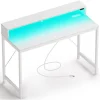 Computer Desk 47 inch with LED Lights & Power Outlets, Home Office Desk with Monitor Shelf, Gaming Desk, Writing Desk, White