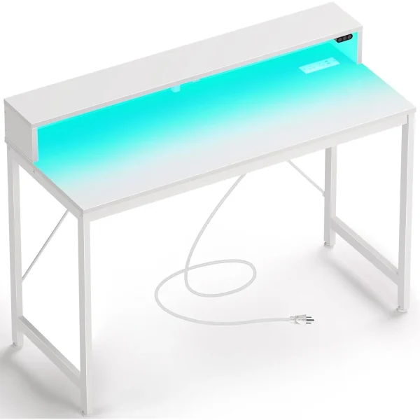 Computer Desk 47 inch with LED Lights & Power Outlets, Home Office Desk with Monitor Shelf, Gaming Desk, Writing Desk, White
