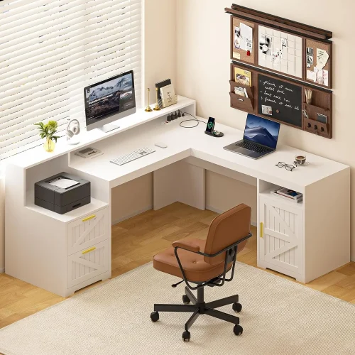 Farmhouse L Shaped Executive Desk Corner Computer Desk with Power Outlets L Shaped Office Desk with Monitor Stand, Printer Shelf
