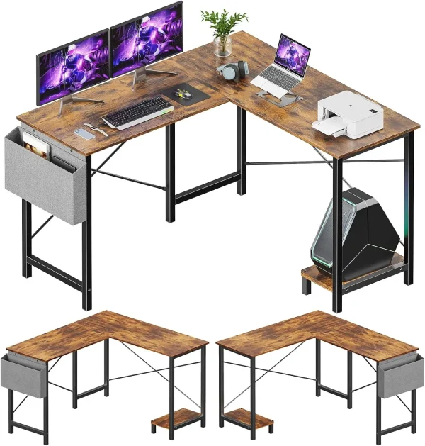 L Shaped Desk - Computer Corner Gaming Pc Table With Cpu Stand Side Bag For Home Office Dorm Sturdy Writing Workstation