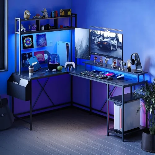 L Shaped Computer Gaming Desk with LED Lights & Power Outlets, 67" Reversible Large L-Shaped Desk with Monitor Stand & Storage