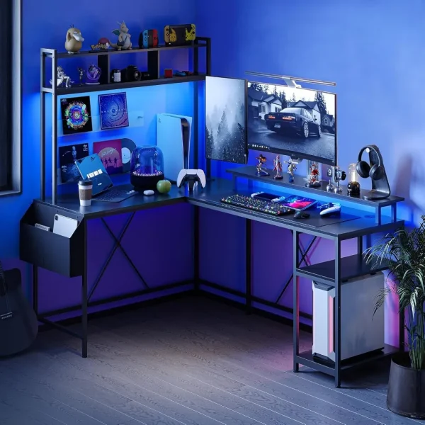 L Shaped Computer Gaming Desk with LED Lights & Power Outlets, 67" Reversible Large L-Shaped Desk with Monitor Stand & Storage