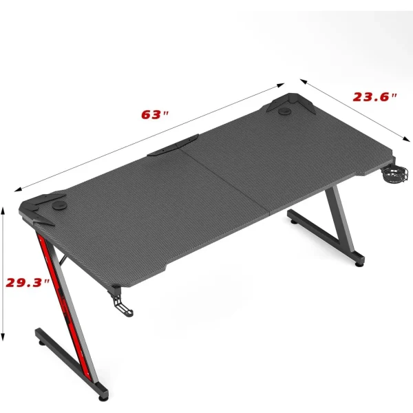 Gaming Desk Computer Desk with Carbon Fiber Surface, Gaming Table Z Shaped PC Home Office with Cup Holder&Headphone Hook(63 in)