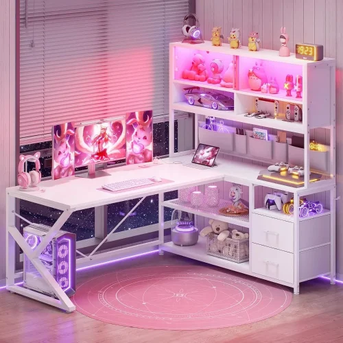 L Shaped Gaming Desk, Home Office Computer Desk with 2 Drawer and Bookshelf, L Shaped Gaming Corner Desk with LED Light,