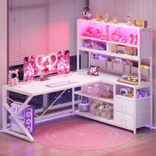 L Shaped Gaming Desk, Home Office Computer Desk with 2 Drawer and Bookshelf, L Shaped Gaming Corner Desk with LED Light,