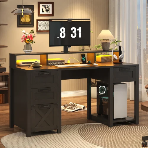 Farmhouse Computer Desk with 4 File Drawer & Power Outlet & Led Lights, 59" Wood Home Office Desk with Long Monitor Stand