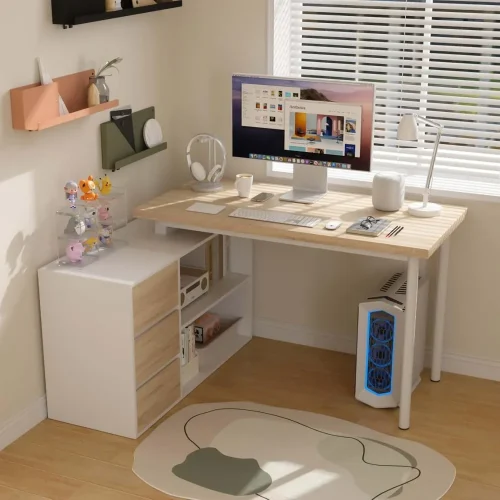 L Shaped Computer Desk, 47 Inch Home Office Desk with File Drawers & Storage Shelves, Small Corner Computer Desk for Small Space