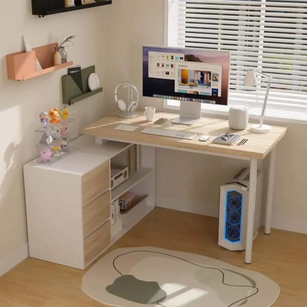 L Shaped Computer Desk, 47 Inch Home Office Desk with File Drawers & Storage Shelves, Small Corner Computer Desk for Small Space