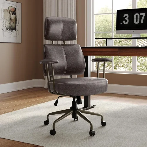 Mid Century Modern Office Chair High Back, Comfy Leather Office Desk Chairs Lumbar Support with Pocket Spring Cushion for Home,