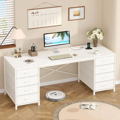 60 Inch Computer Desk with 8 Drawers, Home Office Desk with Power Outlets, Work Study Gaming Desk with 8 Fabric Drawers,