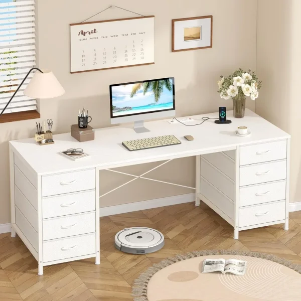 60 Inch Computer Desk with 8 Drawers, Home Office Desk with Power Outlets, Work Study Gaming Desk with 8 Fabric Drawers,