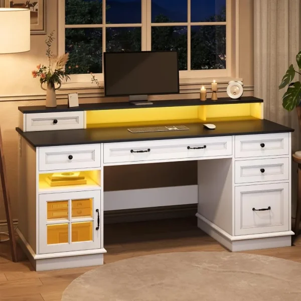 Farmhouse Executive Desk with Drawers Computer Desk with File Drawers, Power Outlet and Led Lights, Executive Office Desk