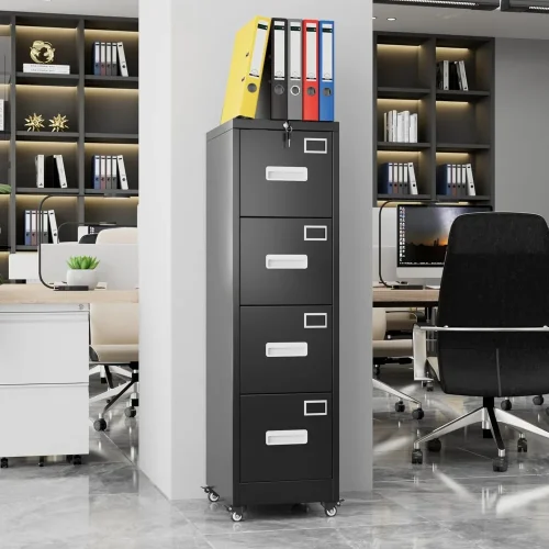 4 Drawer File Cabinet with Wheels, Lockable Office Metal Filing Cabinet with Name Card for Office and Home,Required Assem