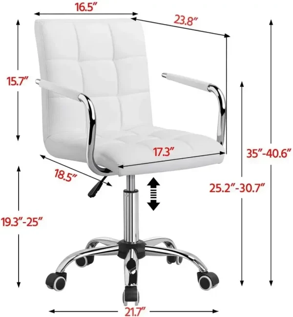 White Desk Chairs with Wheels/Armrests Modern PU Leather Office Chair Midback Adjustable Home Computer Executive Chair