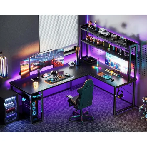 66" L-Shaped Gaming & Office Desk – with Hutch & Storage Shelves | Corner Desk for Home Use & Workstation Setup