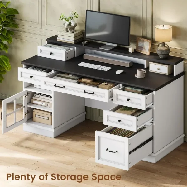 Farmhouse Executive Desk with Drawers Computer Desk with File Drawers, Power Outlet and Led Lights, Executive Office Desk