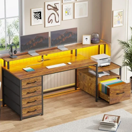 Home Office Desk with File Drawer & Power Outlet, 66'' Computer Desk with 5 Drawer, Storage Shelves, Printer Cabinet