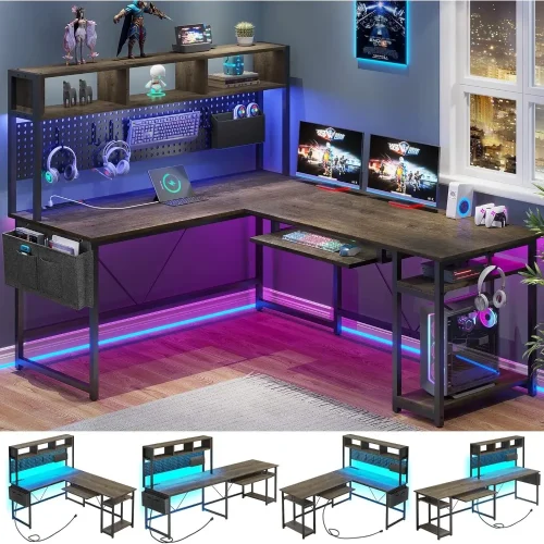 L Shaped Desk, 94.5 Inch Office Desk with Power Outlet & Pegboard, L Shaped Desk with Led Light, Keyboard Tray, Storage Shelves