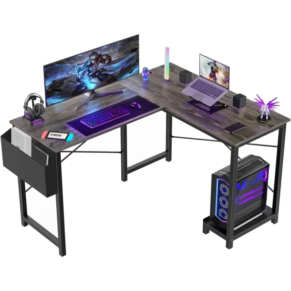 L Shaped 50 Inch Reversible Corner Office Desk for Writing Study Metal Frame CPU Stand Side Bag for Home Office Small Space,Grey