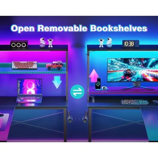 L Shaped Desk Gaming Desk with LED Light & Power Outlet, 53 Inch Reversible L Shaped Computer Table with Shelf & Storage Bag
