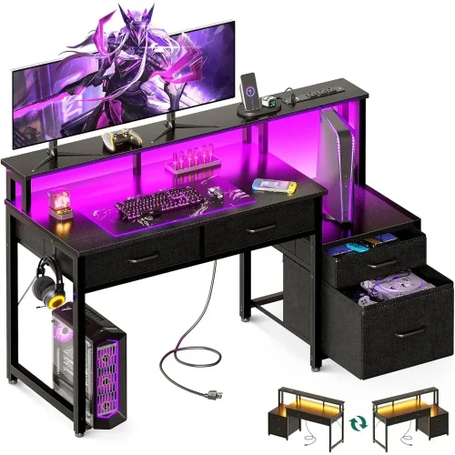 Computer Desk with 4 Drawers,48 Inch Reversible Desk with Led Lights & Power Outlet,Office Desk with File Drawer & Monitor Stand