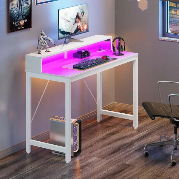 Computer Desk 47 inch with LED Lights & Power Outlets, Home Office Desk with Monitor Shelf, Gaming Desk, Writing Desk, White