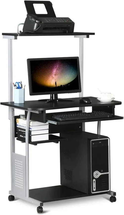 3 Tiers Rolling Computer Desk with Keyboard Tray and Printer Shelf for Home Office, Mobile Computer Desk for Small Space