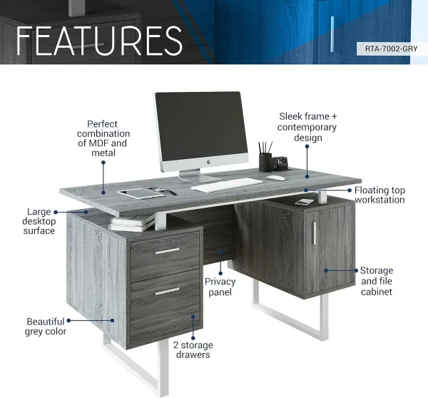 Modern Office Desk With Storage, Gray
