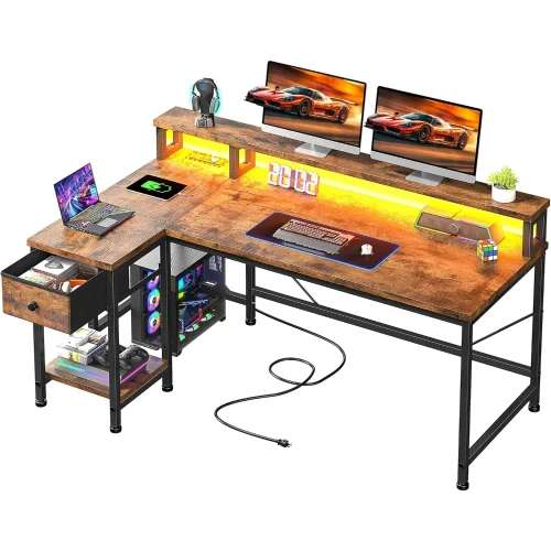 Gaming Desk with LED & Power Outlet, 48Inch L Shaped Computer Desk with Drawers Reversible Corner Desks with Monitor Stand
