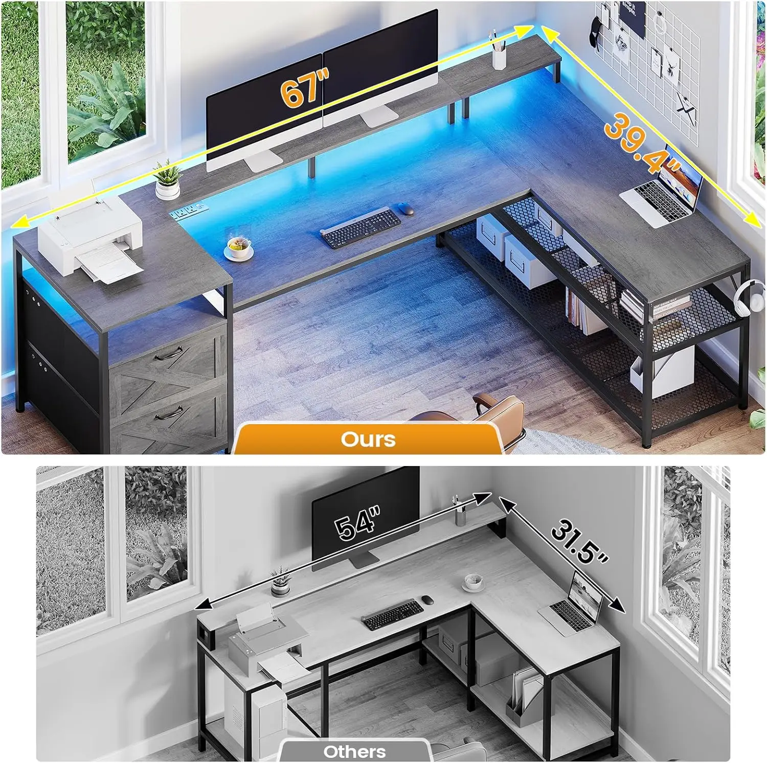 67" L Shaped Desk with Drawers, Computer Office Desk with Storage Shelves & Power Outlet, Reversible Gaming Desk with LED Lights - Image 6