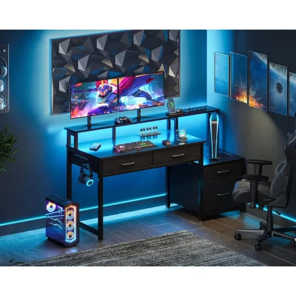 Computer Desk with 4 Drawers,48 Inch Reversible Desk with Led Lights & Power Outlet,Office Desk with File Drawer & Monitor Stand