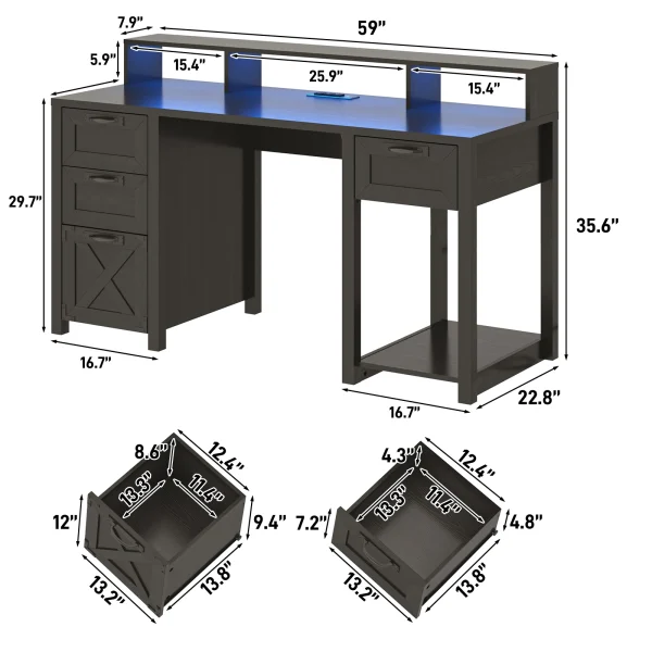 Farmhouse Computer Desk with 4 File Drawer & Power Outlet & Led Lights, 59" Wood Home Office Desk with Long Monitor Stand