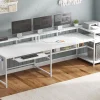 L Shaped Gaming Desk, Reversible Home Office Desk or Corner Desk, Gaming Desk with Power Outlets &LED Strip, Monitor Shelf,White