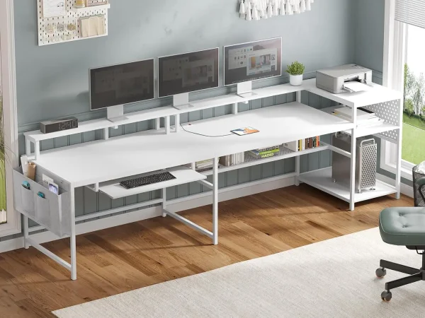 L Shaped Gaming Desk, Reversible Home Office Desk or Corner Desk, Gaming Desk with Power Outlets &LED Strip, Monitor Shelf,White