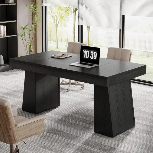 55 Inches Executive Desk, Mid-Century Modern Home Office Desk with Double Trapezoid Base, Wood Computer Desk Conference Table