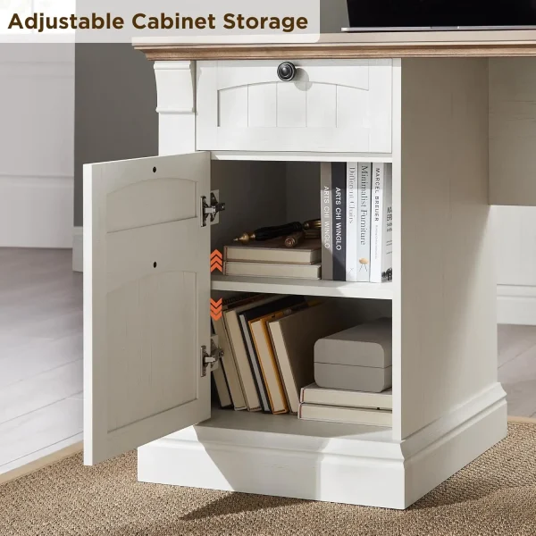 L Shaped Executive Desk with Drawers, Home Office Desk with Charging Station, Wood Corner Computer Desk for Work and Study