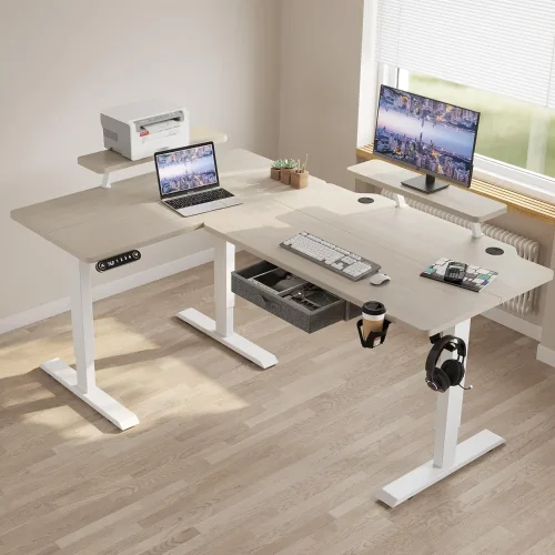 Electric L Shape Standing Desk with Drawer, 63x47 Inches Height Adjustable Sit Stand Up Desk with Storage Shelf, Home Office