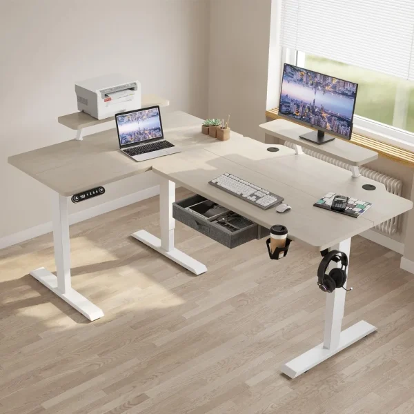 kf-S9531261760074d738311528be6ff59fcC Electric L Shape Standing Desk with Drawer, 63x47 Inches Height Adjustable Sit Stand Up Desk with Storage Shelf, Home Office