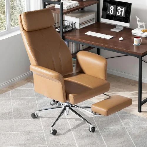 Ergonomic Office Chairs with Footrest, Mid-Century Modern Desk Chair, PU Leather Office Chair with Lumbar Support and Armrest,