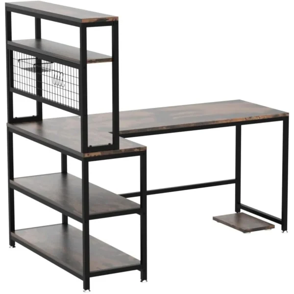 55" L-Shape Computer Desk with Hutch and Wireless Charging, Office Desk Study Table Writing Desk Workstation with 5 Shelves