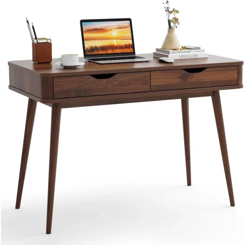 Mid Century Desk with 2 Storage Drawers, Modern Writing Study Desk with Rubber Wood Legs, Versatile Home Office Study Desk for