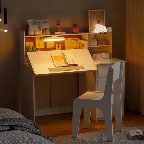 Kids Desk and Chair Set,Kids Study Desk with 3-Color Lights(Not Rechargeable),Tiltable Desktop,Multi Functional Table f