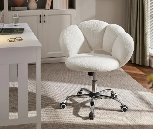 Boucle Upholstered Desk Chair Cloud-Shaped Vanity Adjustable Home Office Chair Computer with Rolling Wheels