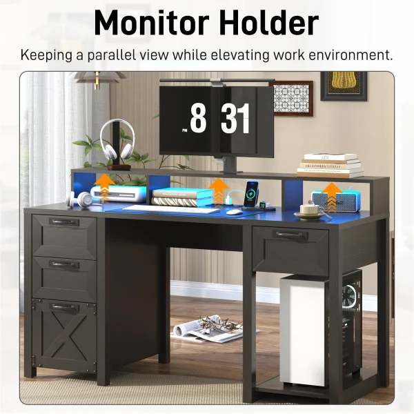 Farmhouse Computer Desk with 4 File Drawer & Power Outlet & Led Lights, 59" Wood Home Office Desk with Long Monitor Stand
