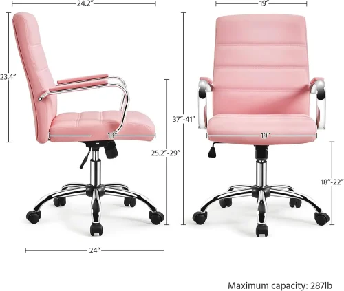 Mid-Back Office Chair With Arms Swivel Pu Leather Height Adjustable Office Executive Chair, Pink