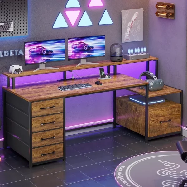 Home Office Desk with File Drawer & Power Outlet, 66'' Computer Desk with 5 Drawer, Storage Shelves, Printer Cabinet