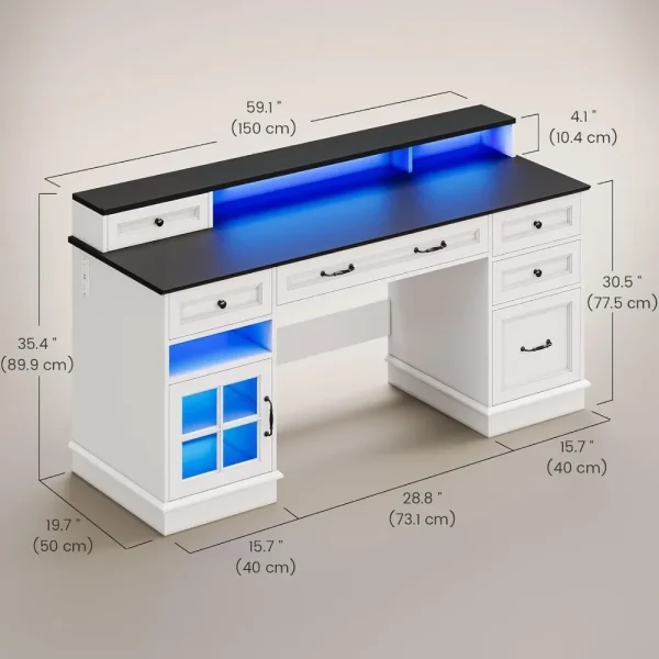 Farmhouse Executive Desk with Drawers Computer Desk with File Drawers, Power Outlet and Led Lights, Executive Office Desk