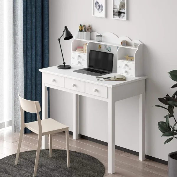 Writing Desk, Home Office Desk with Drawers and Hutch, Computer Work Station with Storage Shelf, 7 Drawers, White