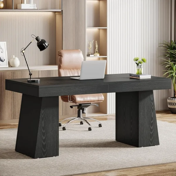 55 Inches Executive Desk, Mid-Century Modern Home Office Desk with Double Trapezoid Base, Wood Computer Desk Conference Table