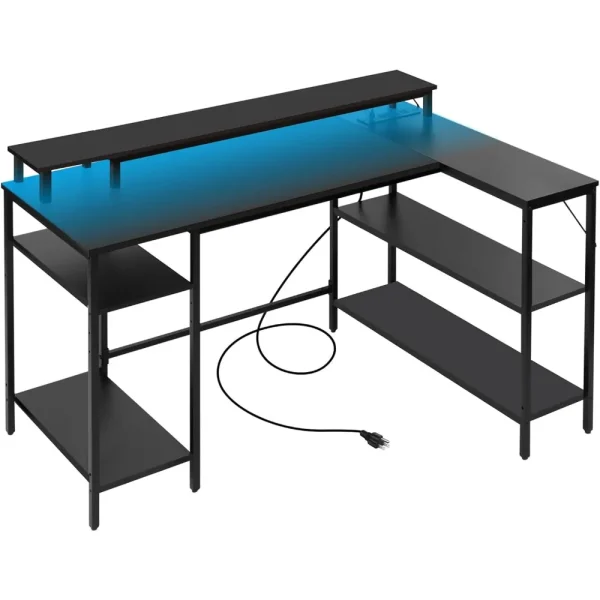 L Shaped Gaming Desk with LED Lights & Power Outlets, Reversible Computer with Stand & Shelves,Corner Desk Home Office